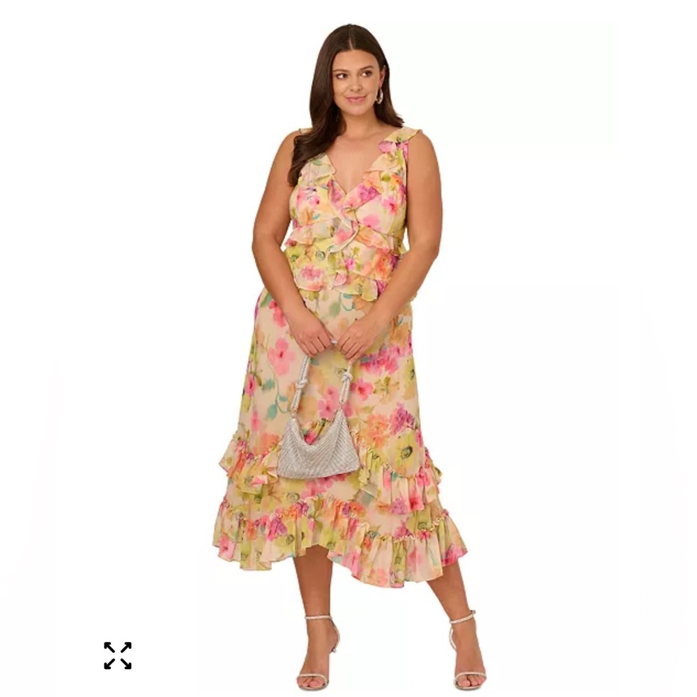 Adrianna Papell Yellow Floral Ruffle Midi Dress with Pink & Green Accents